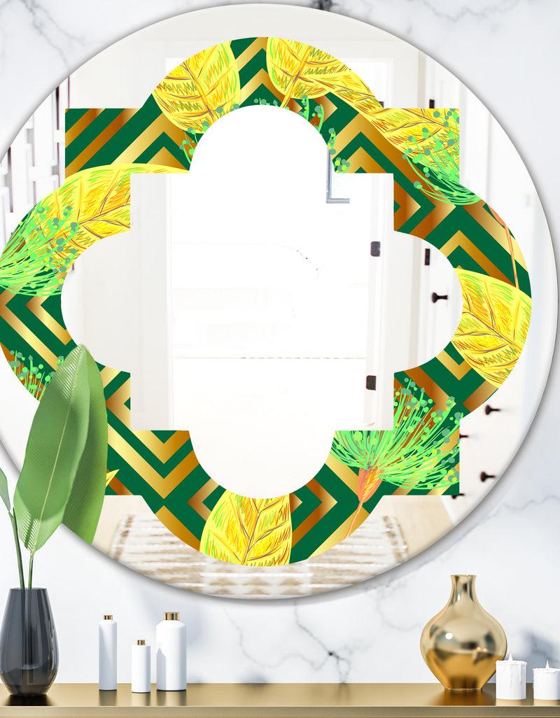 DesignQ Tropical Gold Luxury Pattern II - Modern Round or Oval Wall Mirror - Quatrefoil