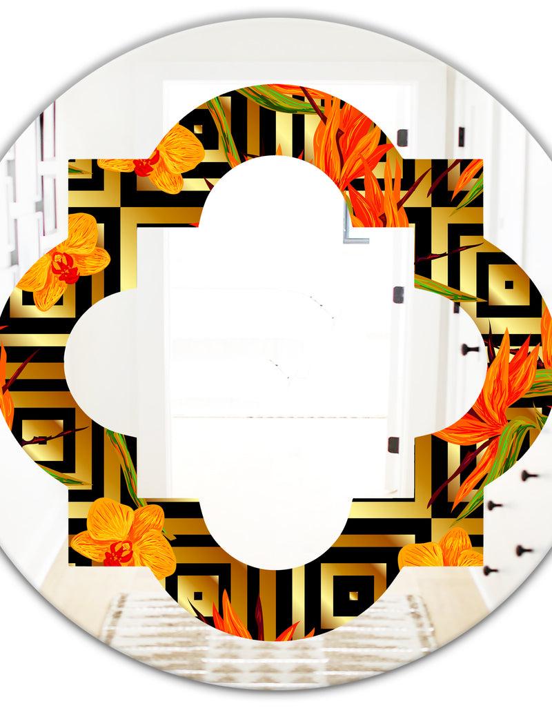 DesignQ Tropical Gold Luxury Pattern III - Modern Round Or Oval Wall Mirror - Quatrefoil