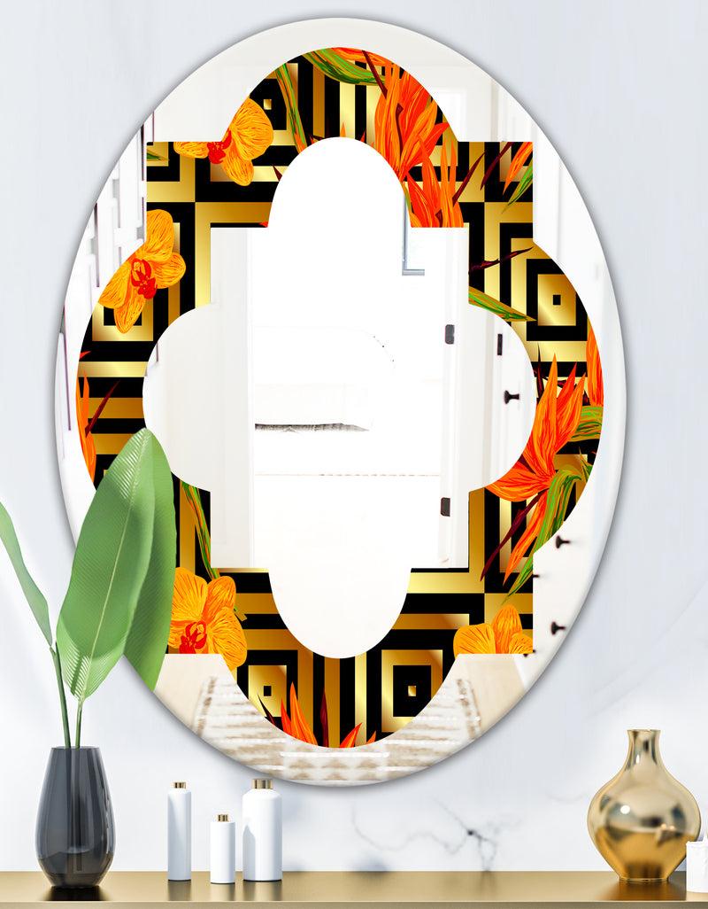DesignQ Tropical Gold Luxury Pattern III - Modern Round Or Oval Wall Mirror - Quatrefoil