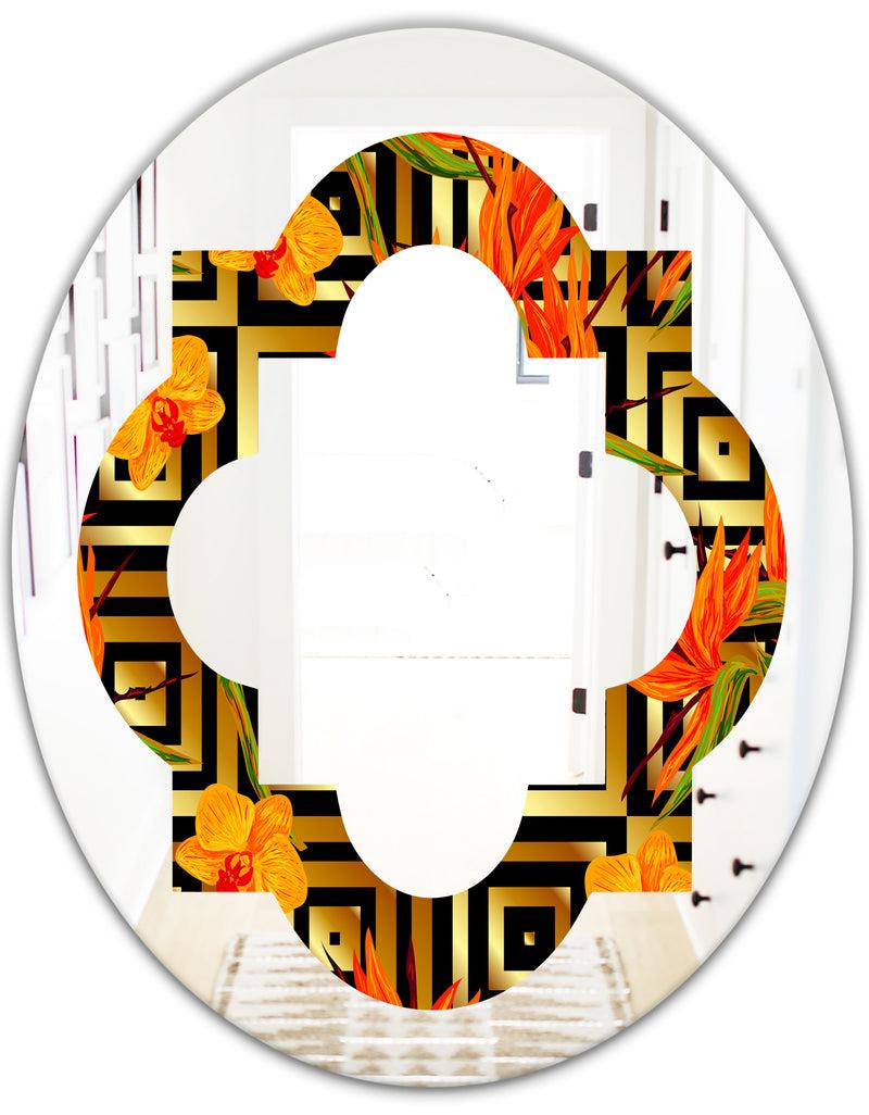 DesignQ Tropical Gold Luxury Pattern III - Modern Round Or Oval Wall Mirror - Quatrefoil