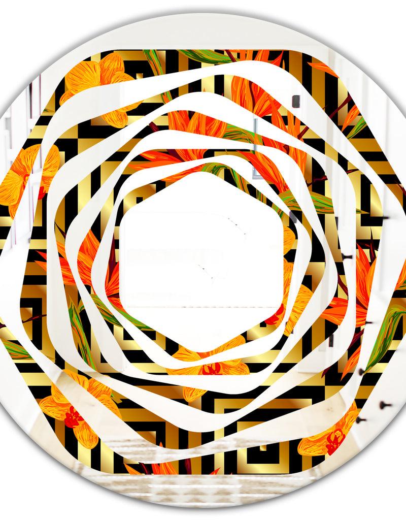 DesignQ Tropical Gold Luxury Pattern III - Modern Round Or Oval Wall Mirror - Whirl