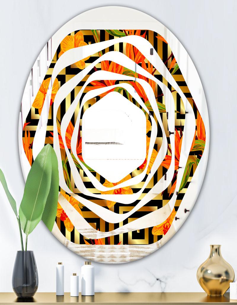DesignQ Tropical Gold Luxury Pattern III - Modern Round Or Oval Wall Mirror - Whirl