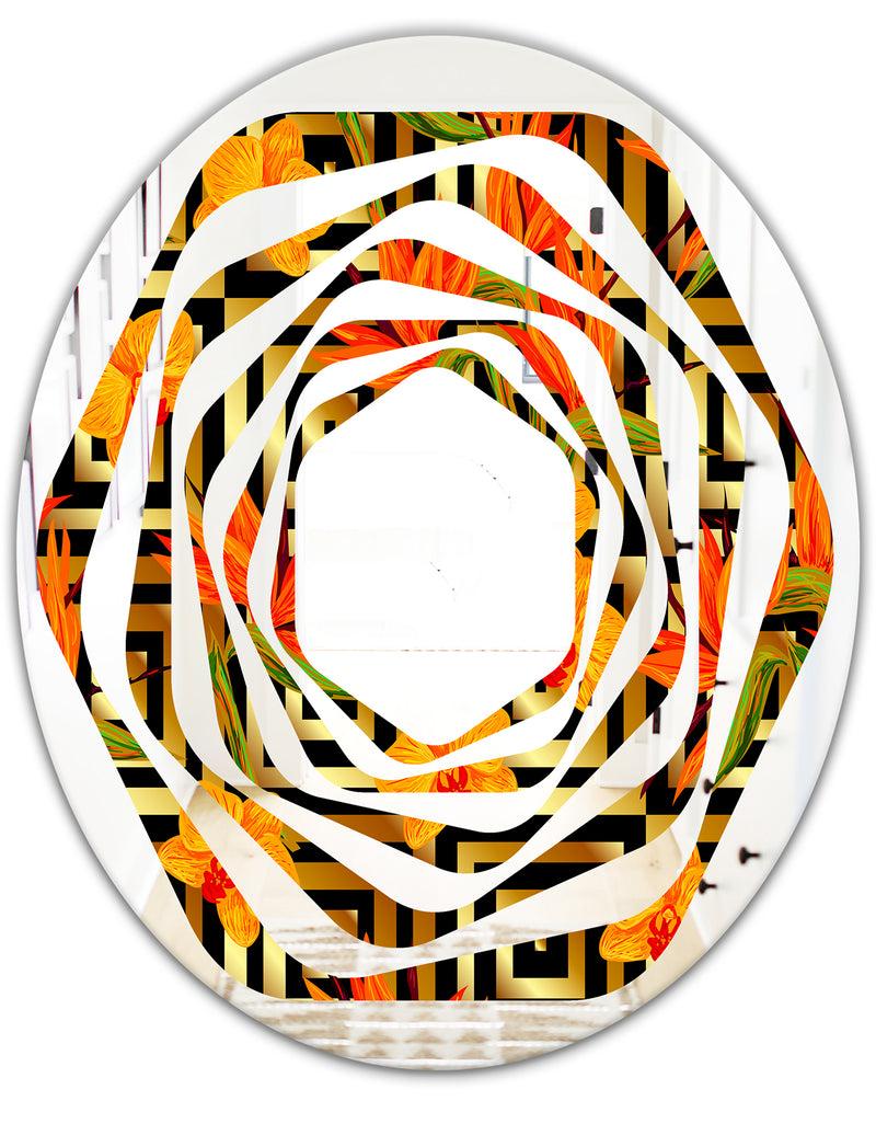 DesignQ Tropical Gold Luxury Pattern III - Modern Round Or Oval Wall Mirror - Whirl