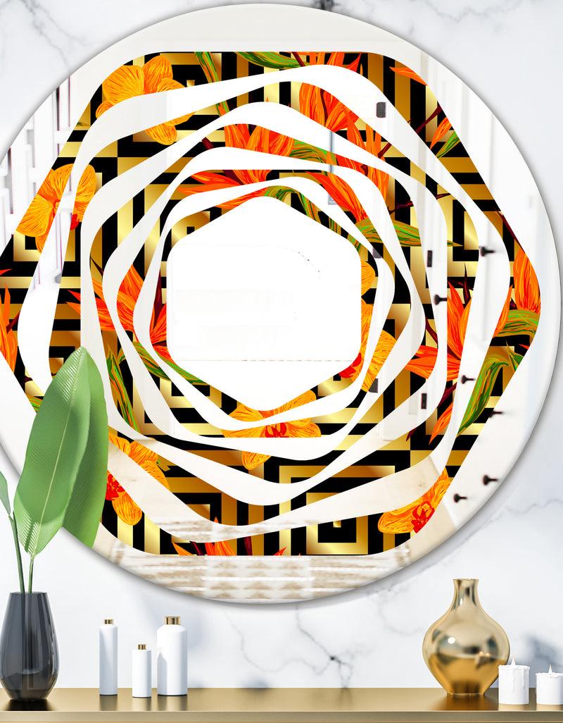 DesignQ Tropical Gold Luxury Pattern III - Modern Round or Oval Wall Mirror - Whirl