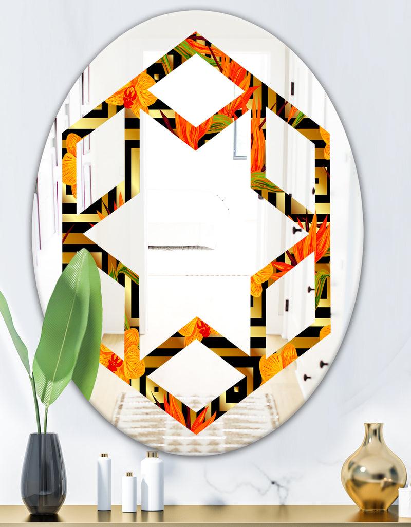 DesignQ Tropical Gold Luxury Pattern III - Modern Round Or Oval Wall Mirror - Hexagon Star
