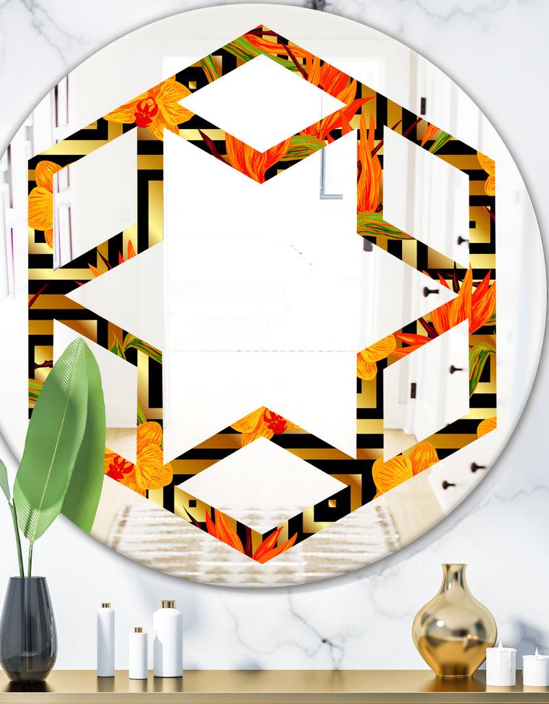 DesignQ Tropical Gold Luxury Pattern III - Modern Round or Oval Wall Mirror - Hexagon Star