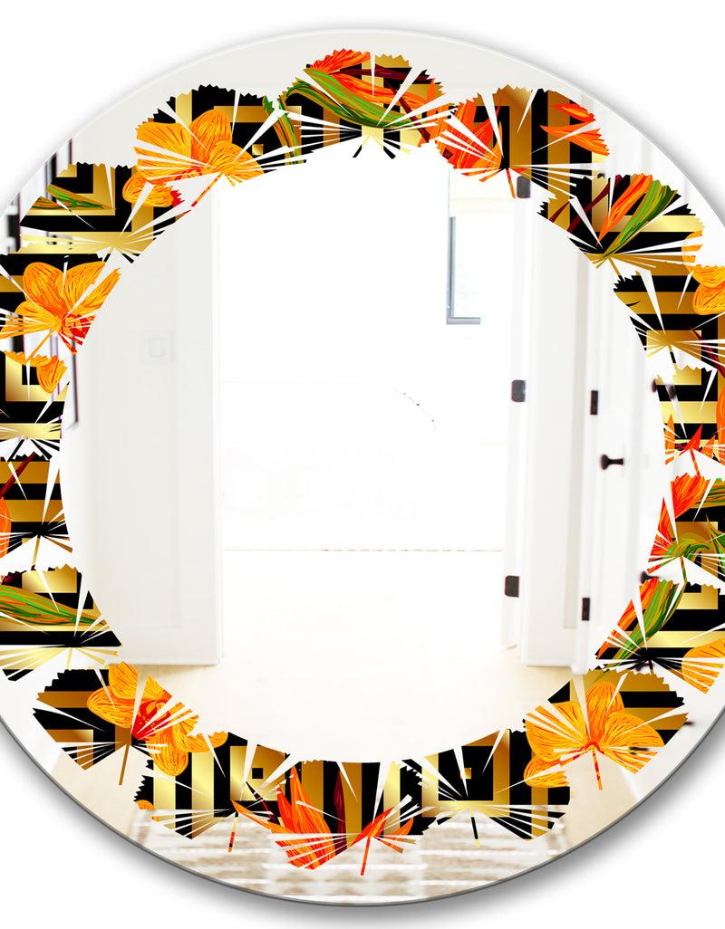 DesignQ Tropical Gold Luxury Pattern III - Modern Round Or Oval Wall Mirror - Leaves