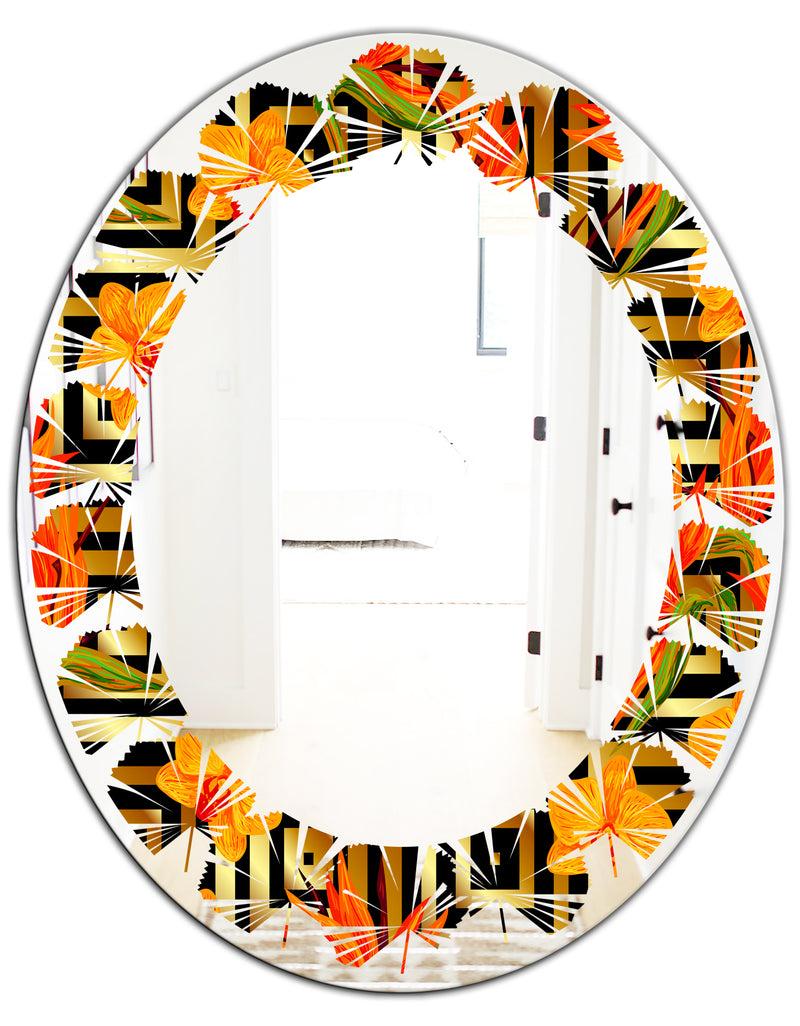 DesignQ Tropical Gold Luxury Pattern III - Modern Round Or Oval Wall Mirror - Leaves