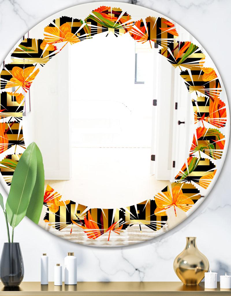 DesignQ Tropical Gold Luxury Pattern III - Modern Round or Oval Wall Mirror - Leaves