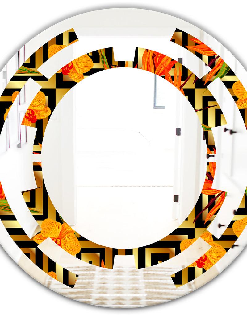 DesignQ Tropical Gold Luxury Pattern III - Modern Round Or Oval Wall Mirror - Space