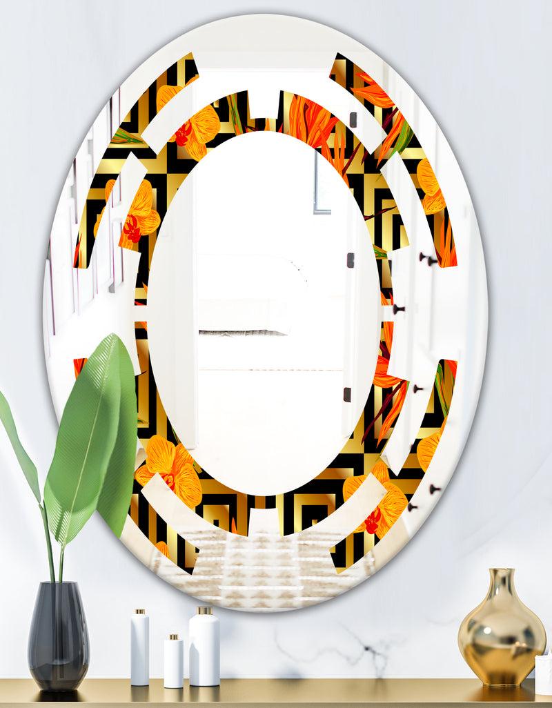 DesignQ Tropical Gold Luxury Pattern III - Modern Round Or Oval Wall Mirror - Space