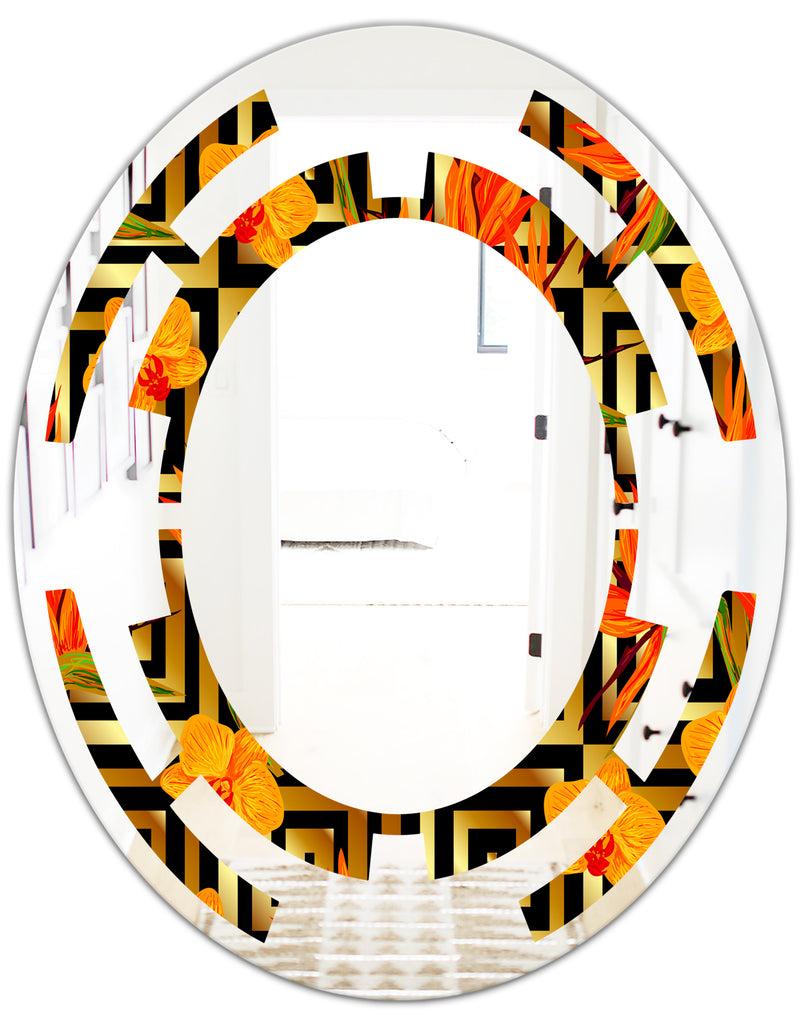 DesignQ Tropical Gold Luxury Pattern III - Modern Round Or Oval Wall Mirror - Space