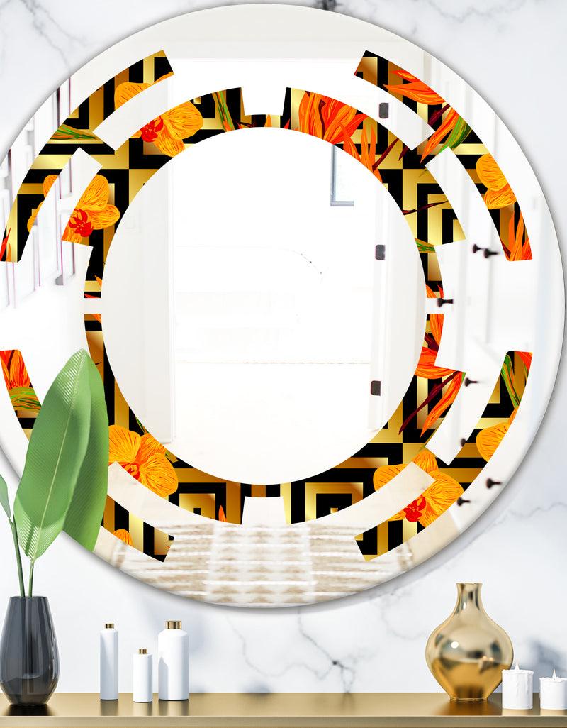 DesignQ Tropical Gold Luxury Pattern III - Modern Round or Oval Wall Mirror - Space