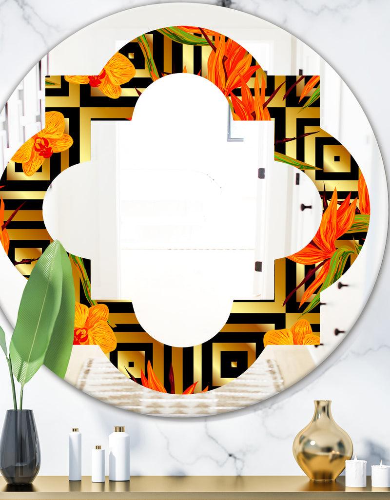 DesignQ Tropical Gold Luxury Pattern III - Modern Round or Oval Wall Mirror - Quatrefoil