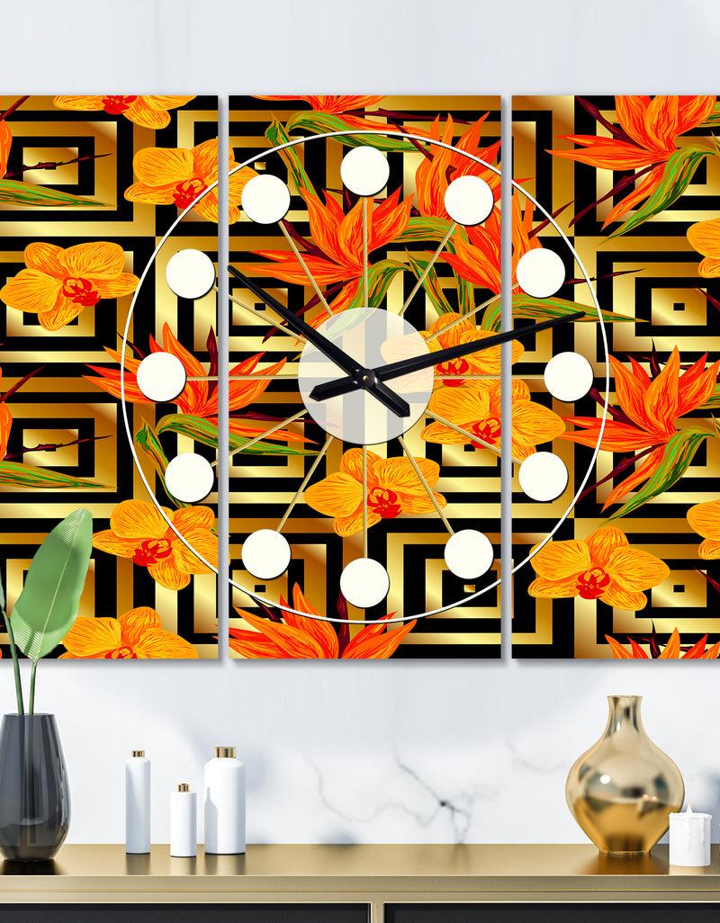 DesignQ Tropical Gold Luxury Pattern III - Oversized Mid-Century wall clock - 3 Panels