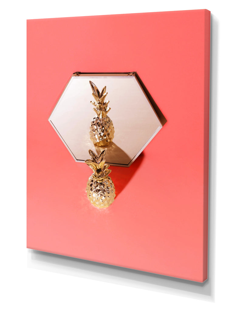 DesignQ Tropical Golden Pineapple On Trendy Background. - Tropical Canvas Wall Art
