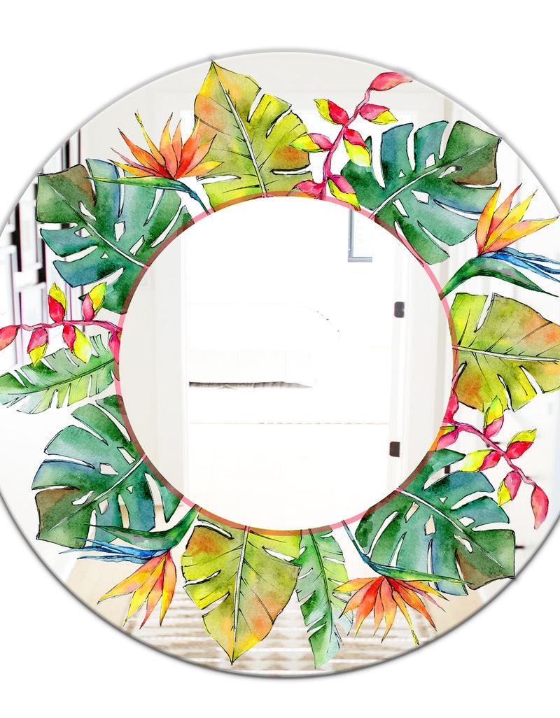 DesignQ Tropical HawaII Leaves In A Watercolor Style. - Cabin And Lodge Mirror - Oval Or Round Decorative Mirror