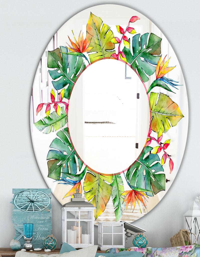 DesignQ Tropical HawaII Leaves In A Watercolor Style. - Cabin And Lodge Mirror - Oval Or Round Decorative Mirror