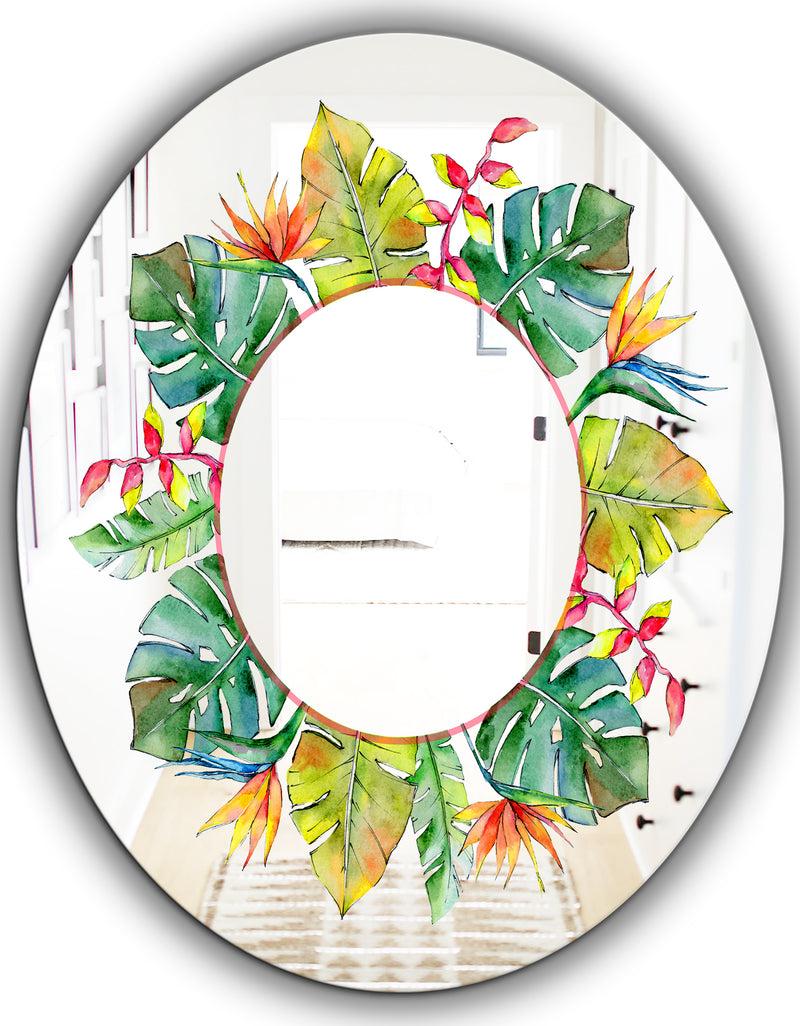 DesignQ Tropical HawaII Leaves In A Watercolor Style. - Cabin And Lodge Mirror - Oval Or Round Decorative Mirror