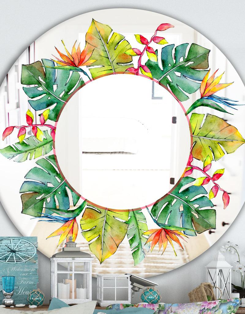 DesignQ Tropical HawaII Leaves In A Watercolor Style. - Cabin and Lodge Mirror - Oval or Round Decorative Mirror