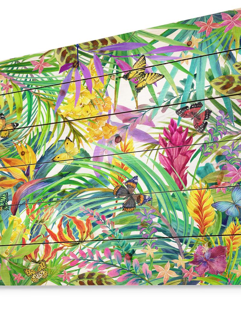 DesignQ Tropical Leaves And Flowers - Floral Art Print On Natural Pine Wood