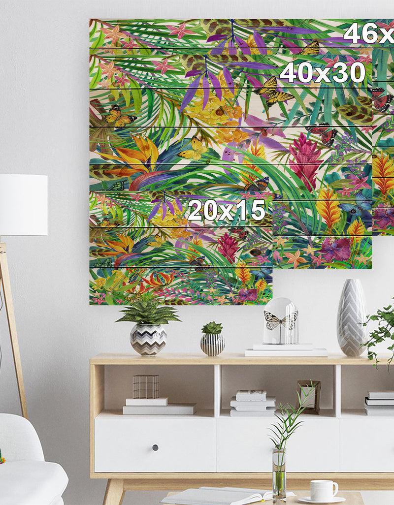 DesignQ Tropical Leaves And Flowers - Floral Art Print On Natural Pine Wood