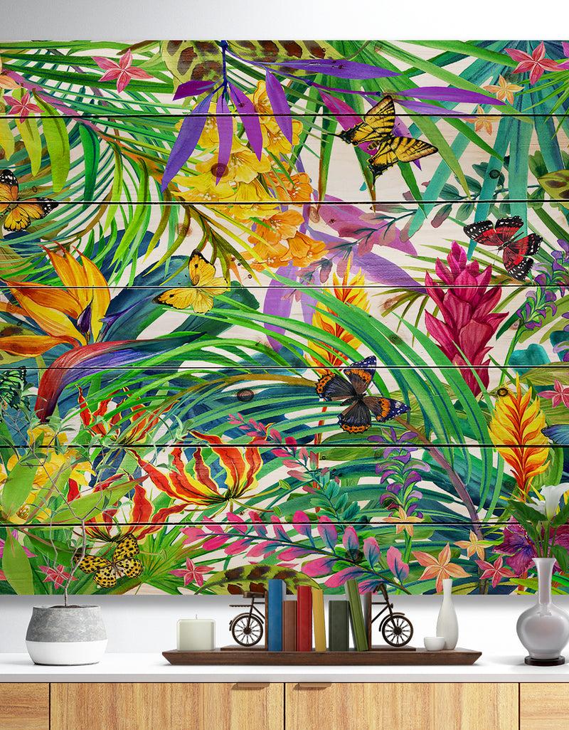 DesignQ Tropical Leaves and Flowers - Floral Art Print on Natural Pine Wood