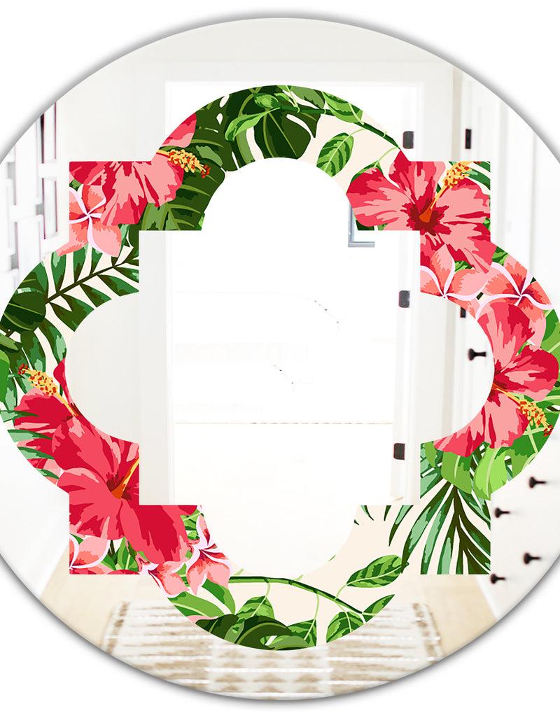 DesignQ Tropical Leaves And Flowers I - Cottage Round Or Oval Wall Mirror - Quatrefoil