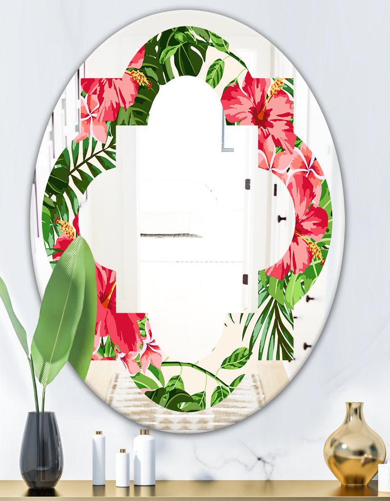 DesignQ Tropical Leaves And Flowers I - Cottage Round Or Oval Wall Mirror - Quatrefoil