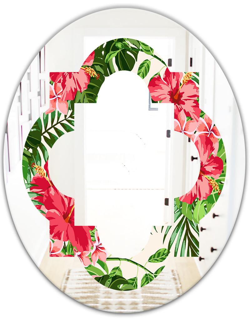 DesignQ Tropical Leaves And Flowers I - Cottage Round Or Oval Wall Mirror - Quatrefoil