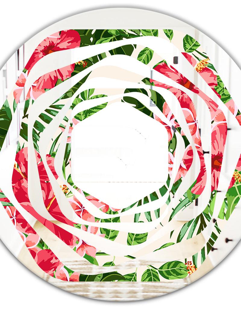 DesignQ Tropical Leaves And Flowers I - Cottage Round Or Oval Wall Mirror - Whirl