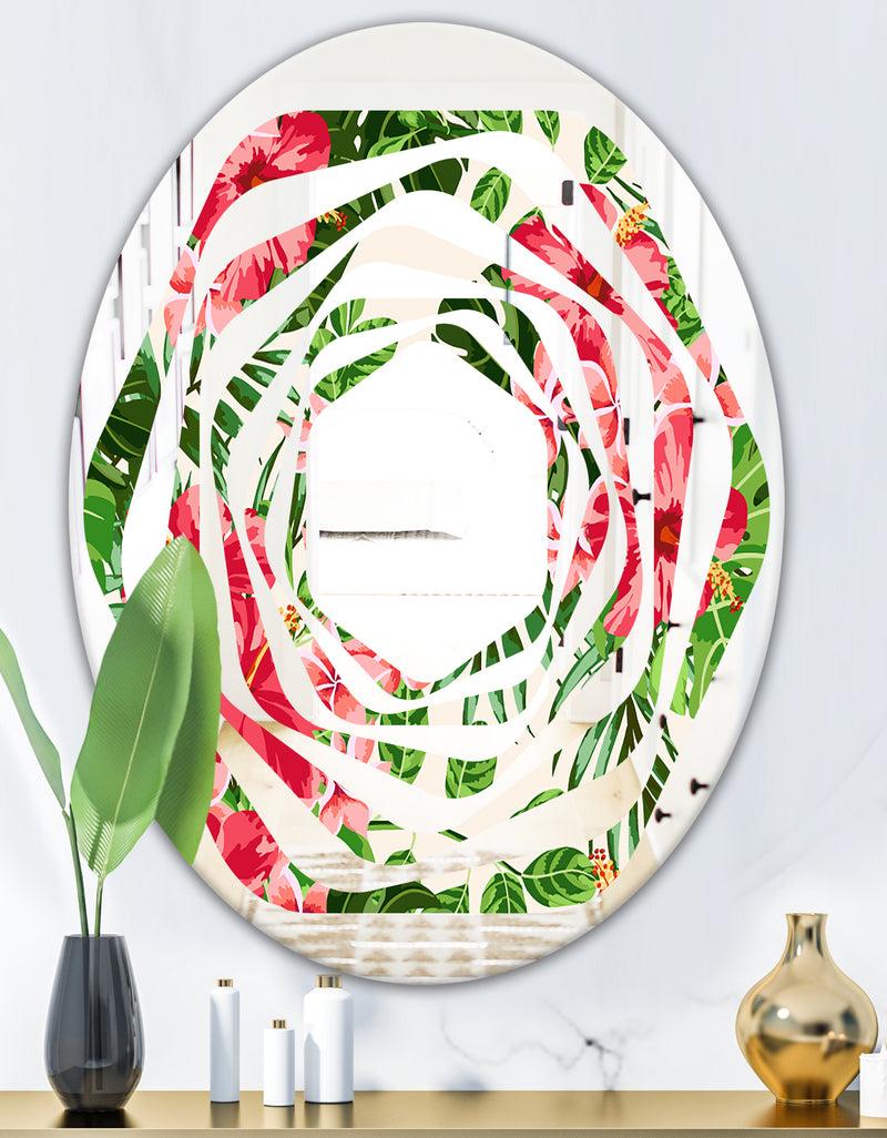 DesignQ Tropical Leaves And Flowers I - Cottage Round Or Oval Wall Mirror - Whirl