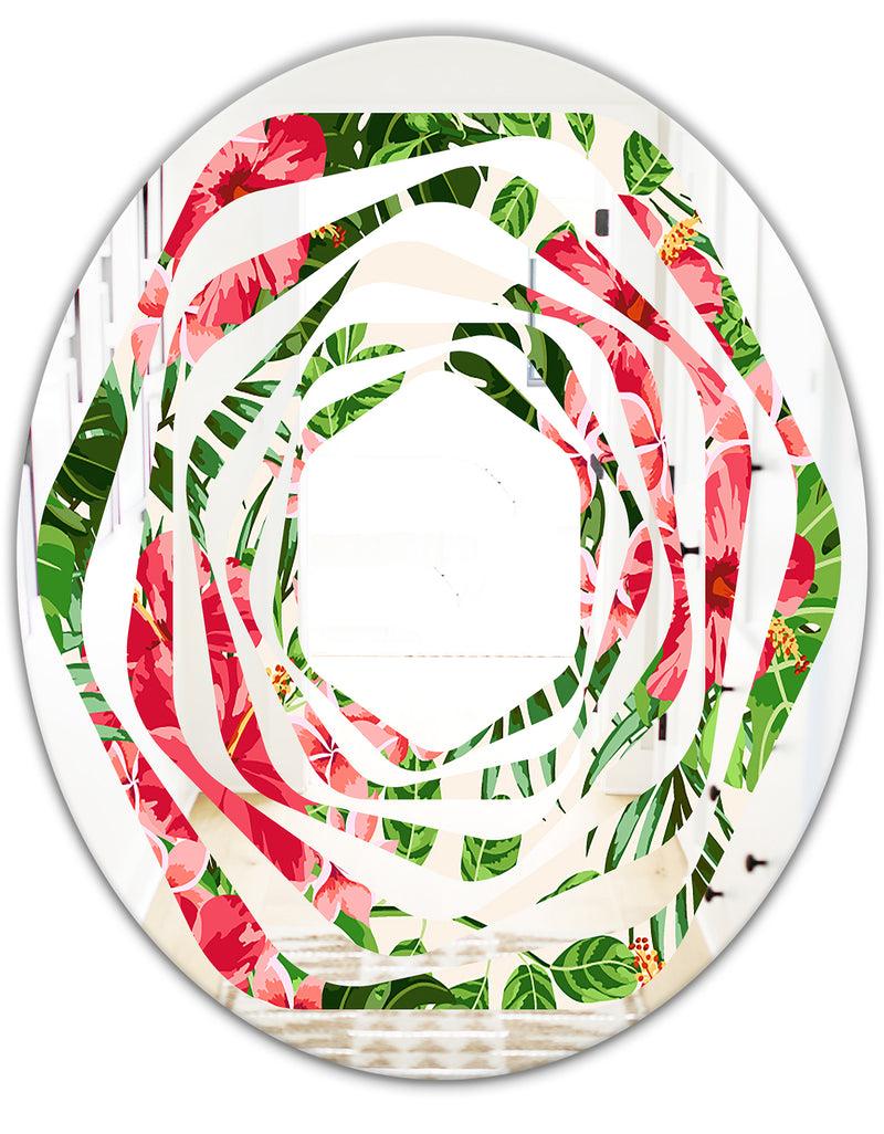 DesignQ Tropical Leaves And Flowers I - Cottage Round Or Oval Wall Mirror - Whirl
