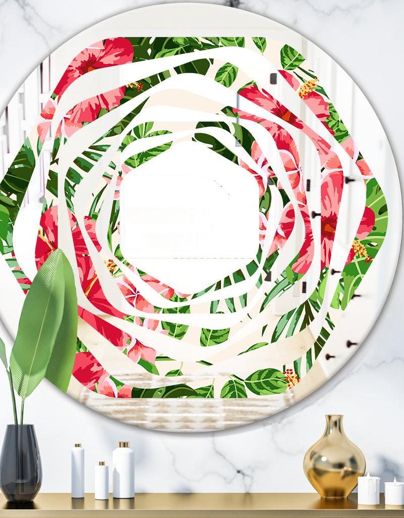 DesignQ Tropical Leaves and Flowers I - Cottage Round or Oval Wall Mirror - Whirl