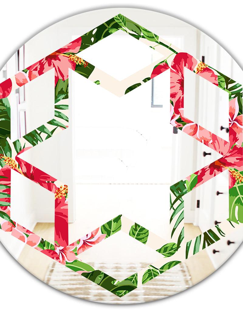 DesignQ Tropical Leaves And Flowers I - Cottage Round Or Oval Wall Mirror - Hexagon Star