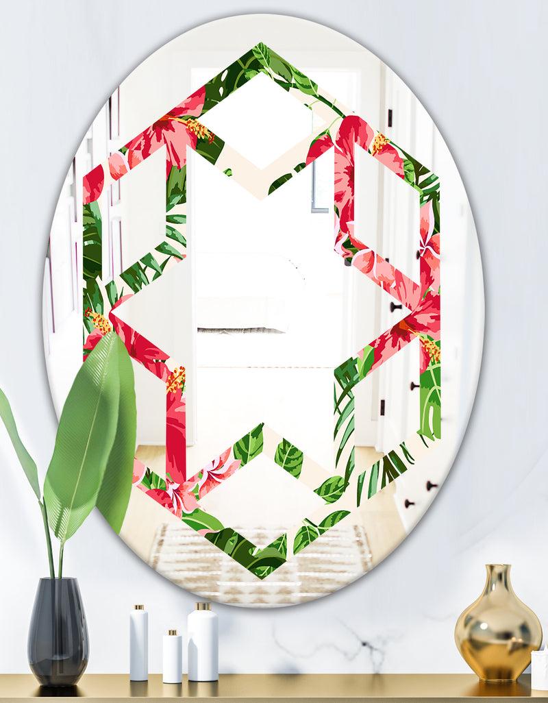 DesignQ Tropical Leaves And Flowers I - Cottage Round Or Oval Wall Mirror - Hexagon Star