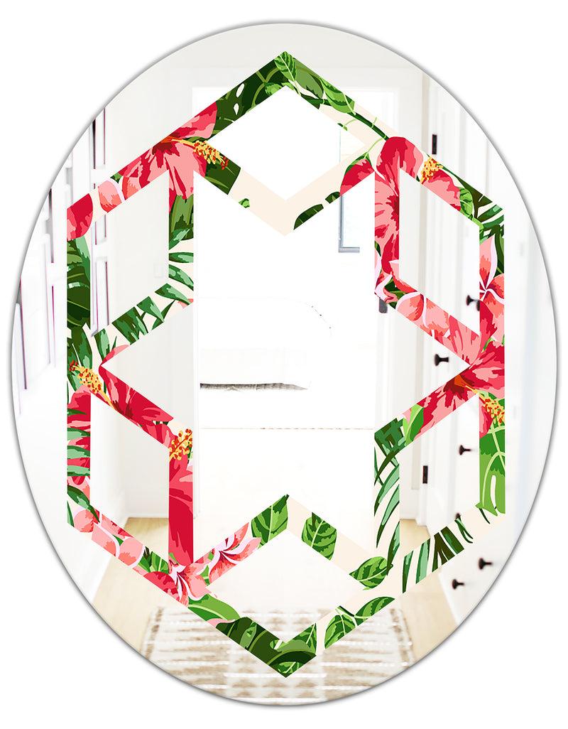 DesignQ Tropical Leaves And Flowers I - Cottage Round Or Oval Wall Mirror - Hexagon Star