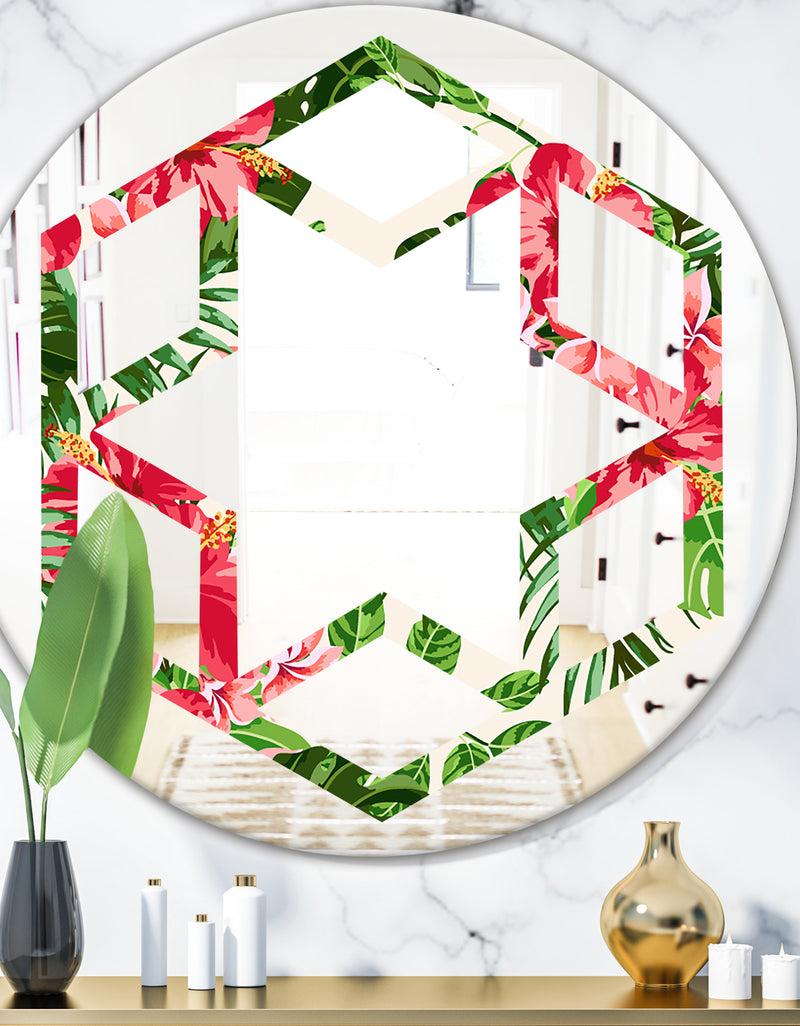 DesignQ Tropical Leaves and Flowers I - Cottage Round or Oval Wall Mirror - Hexagon Star