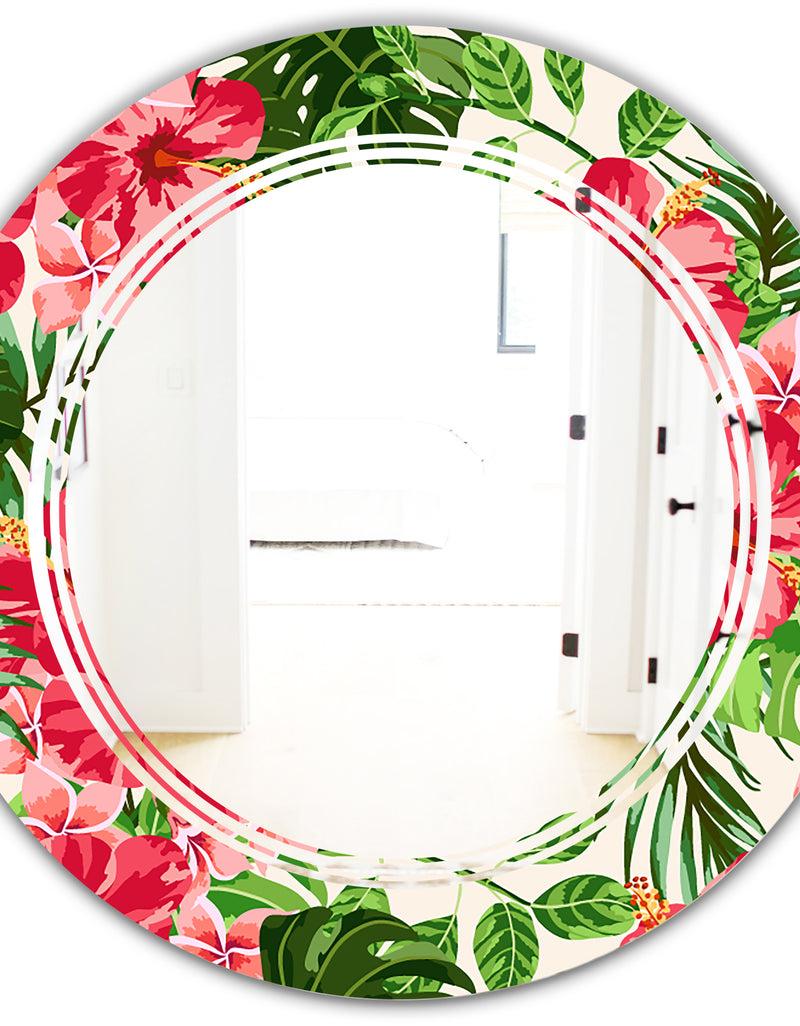 DesignQ Tropical Leaves And Flowers I - Cottage Round Or Oval Wall Mirror - Triple C