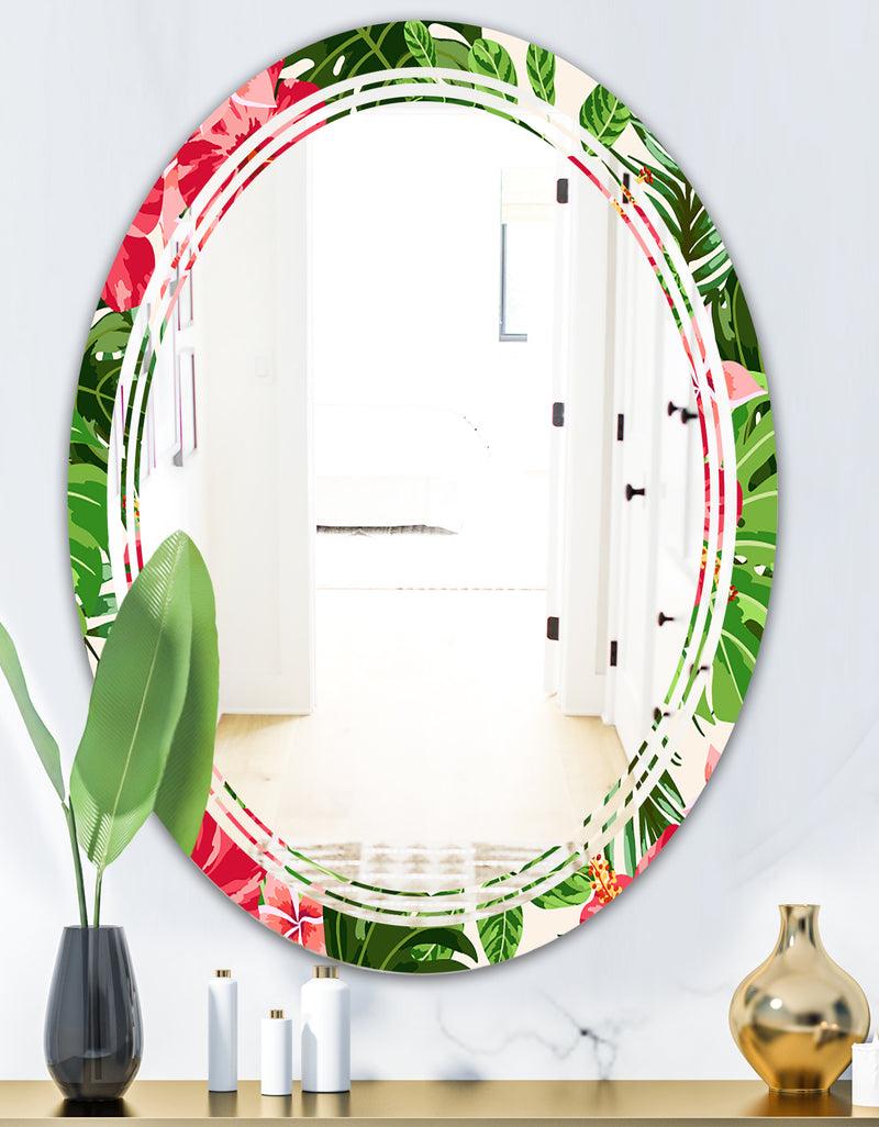 DesignQ Tropical Leaves And Flowers I - Cottage Round Or Oval Wall Mirror - Triple C