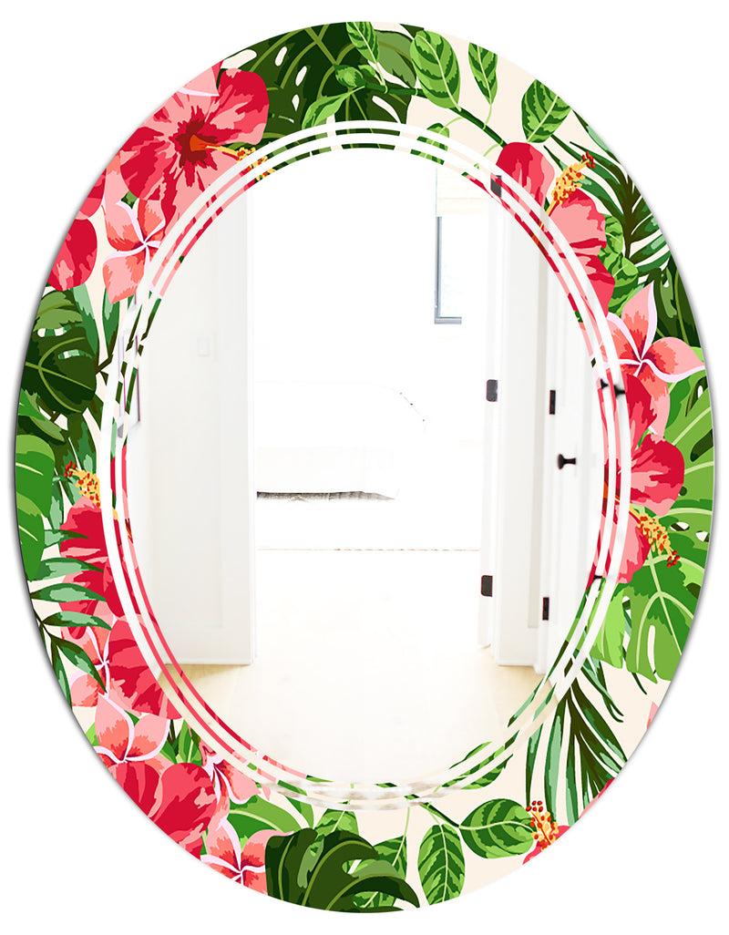 DesignQ Tropical Leaves And Flowers I - Cottage Round Or Oval Wall Mirror - Triple C