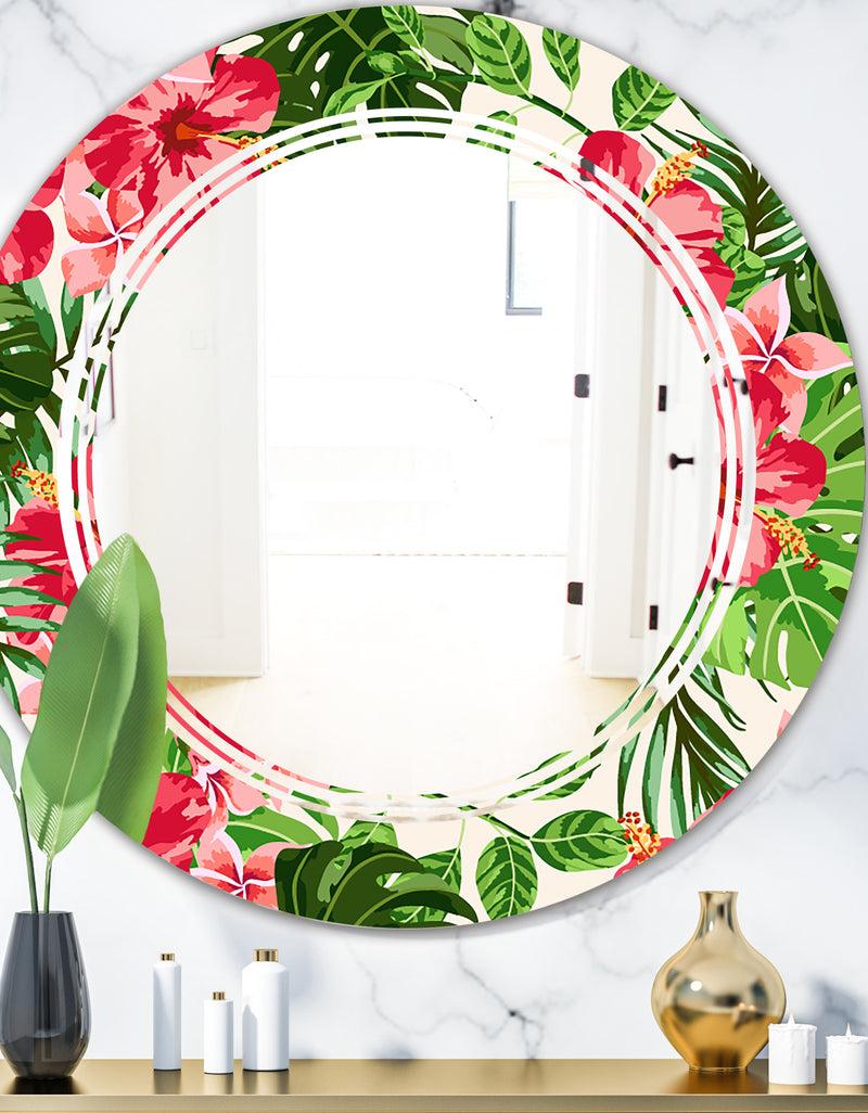 DesignQ Tropical Leaves and Flowers I - Cottage Round or Oval Wall Mirror - Triple C