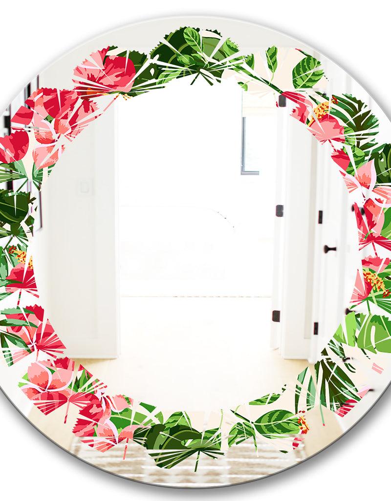 DesignQ Tropical Leaves And Flowers I - Cottage Round Or Oval Wall Mirror - Leaves