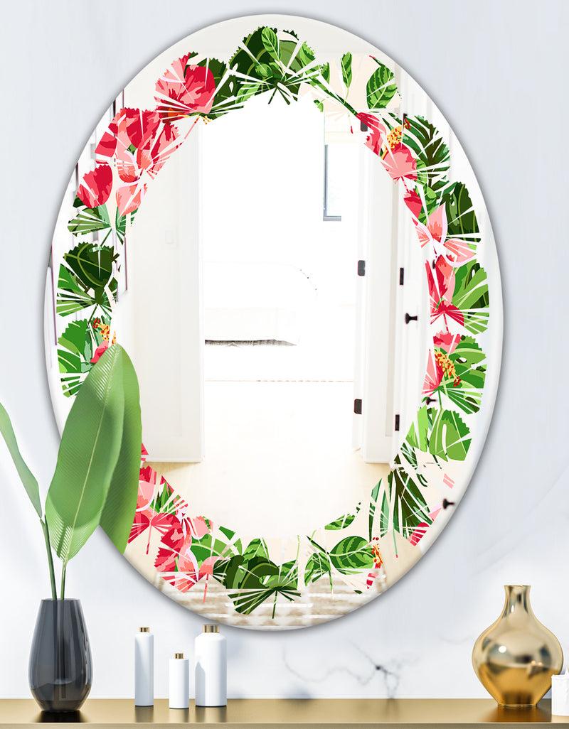 DesignQ Tropical Leaves And Flowers I - Cottage Round Or Oval Wall Mirror - Leaves