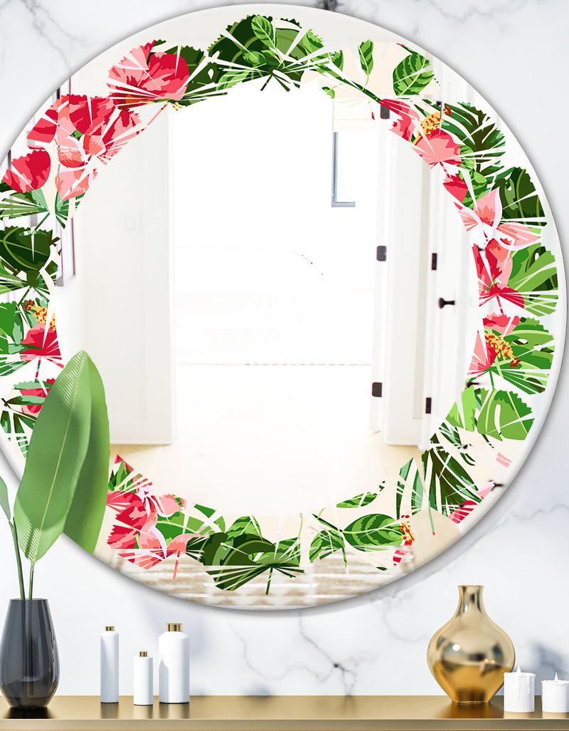 DesignQ Tropical Leaves and Flowers I - Cottage Round or Oval Wall Mirror - Leaves
