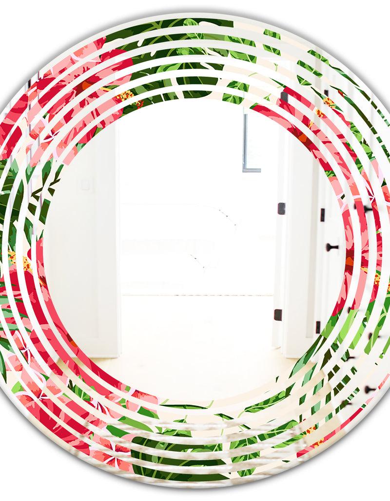 DesignQ Tropical Leaves And Flowers I - Cottage Round Or Oval Wall Mirror - Wave