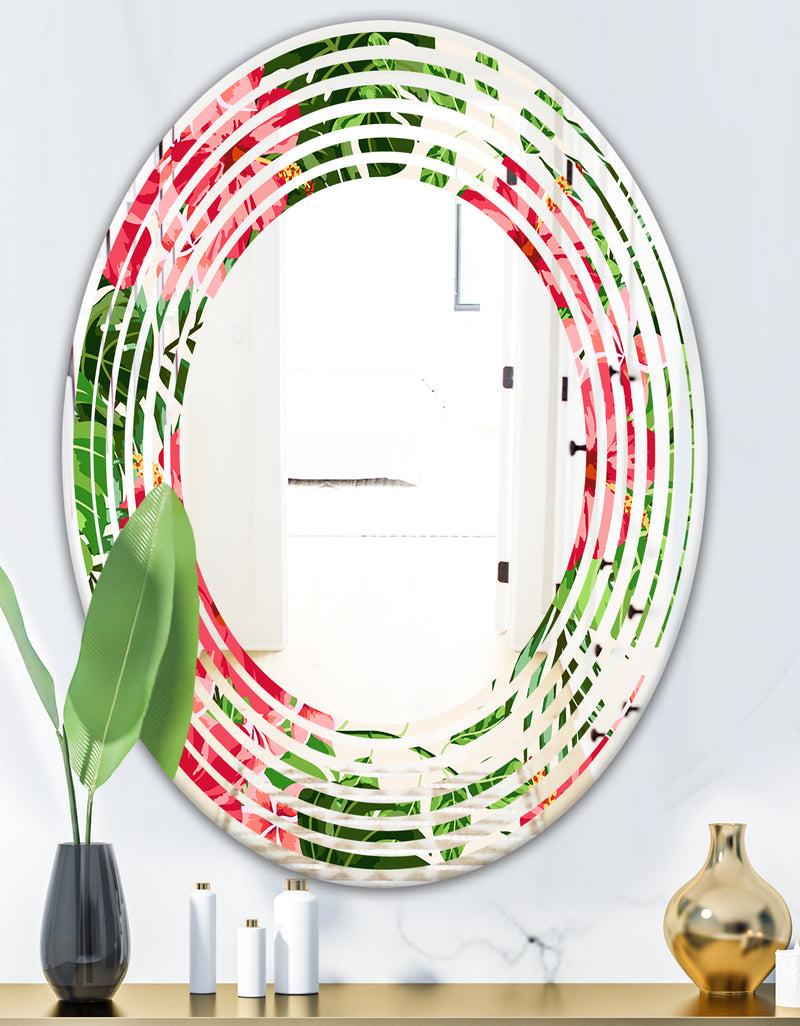 DesignQ Tropical Leaves And Flowers I - Cottage Round Or Oval Wall Mirror - Wave