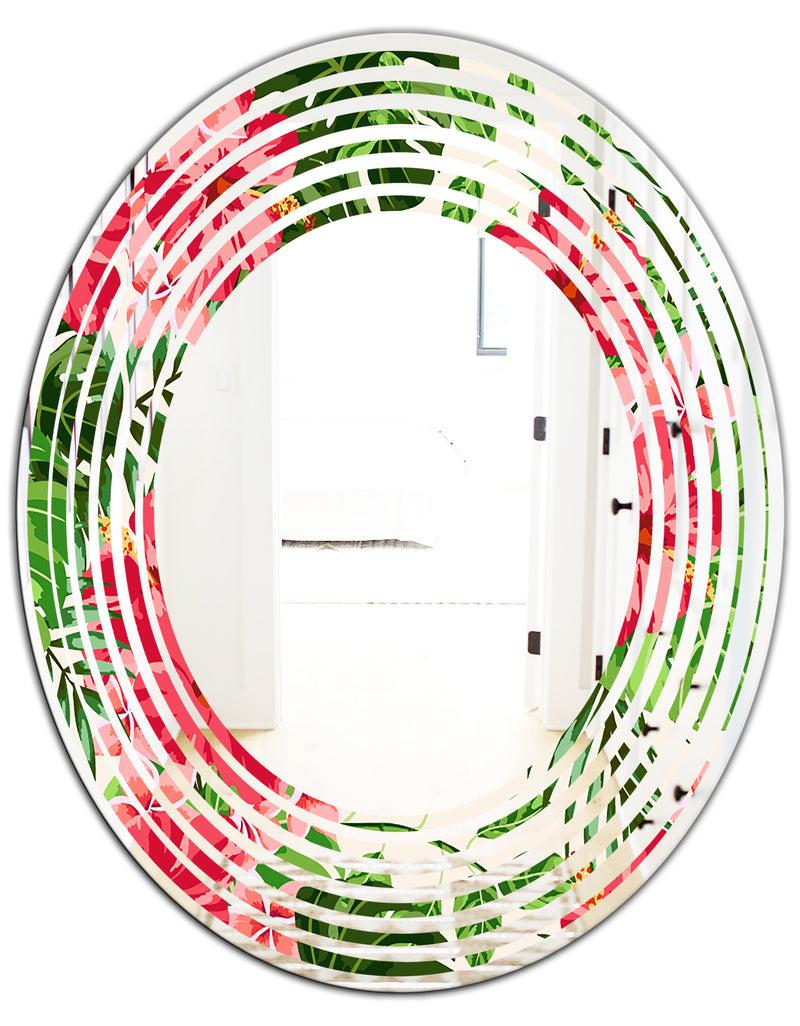 DesignQ Tropical Leaves And Flowers I - Cottage Round Or Oval Wall Mirror - Wave
