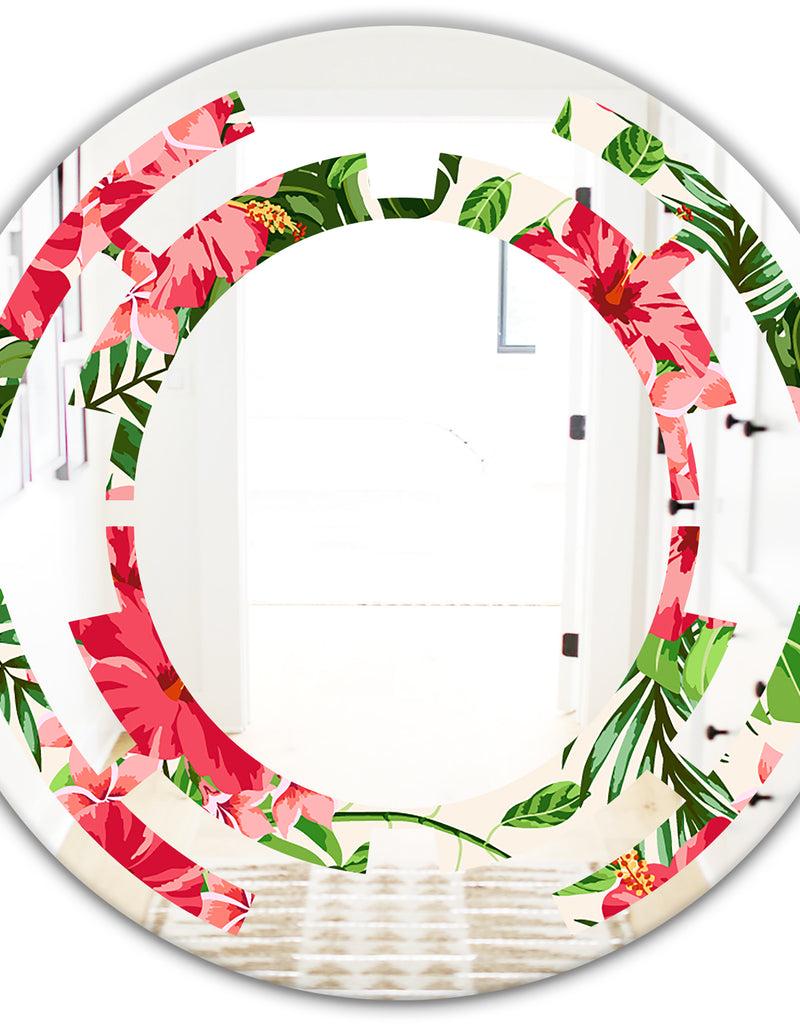 DesignQ Tropical Leaves And Flowers I - Cottage Round Or Oval Wall Mirror - Space