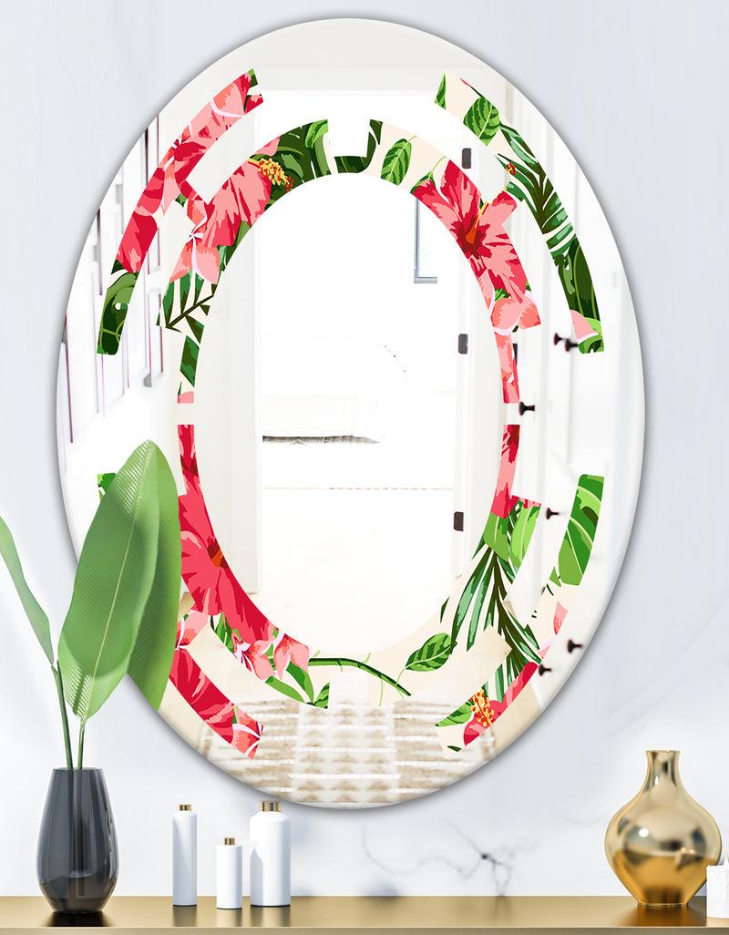 DesignQ Tropical Leaves And Flowers I - Cottage Round Or Oval Wall Mirror - Space